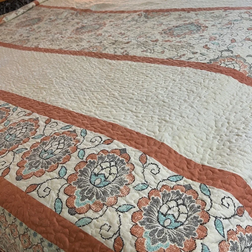 Floral Medallion Reversible Quilt Set Terracotta Teal Cream 3‎ Piece Bedding Set